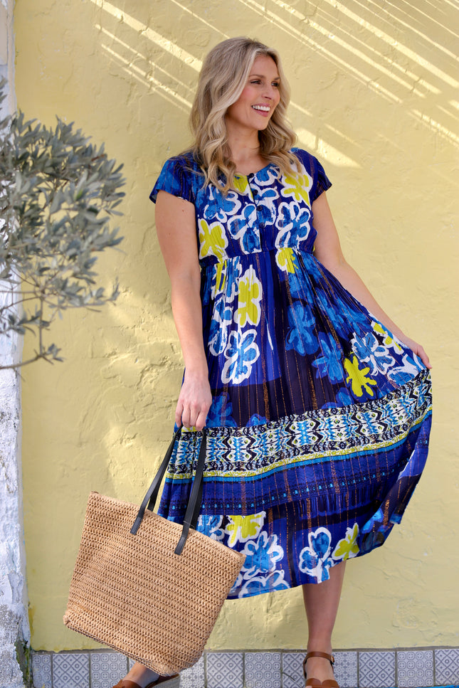 FLOWER BORDER PRINT DRESS WITH CAP SLEEVE