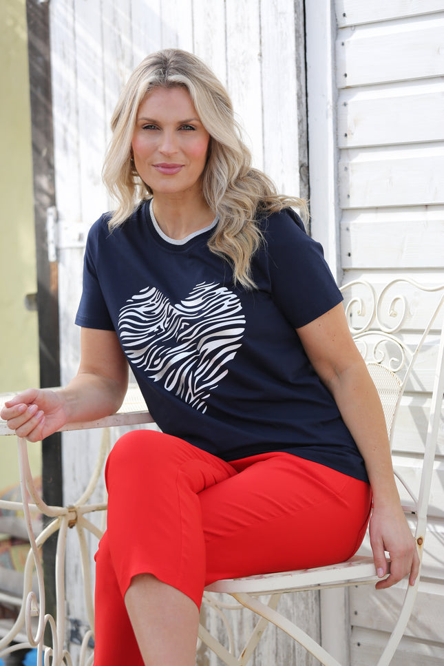 HEART PRINT TOP LUREX TRIM ROUND NECK