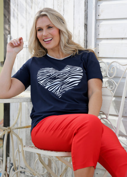 HEART PRINT TOP LUREX TRIM ROUND NECK