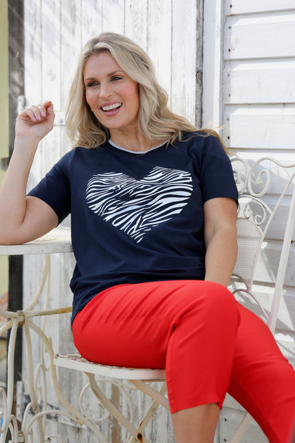 HEART PRINT TOP LUREX TRIM ROUND NECK