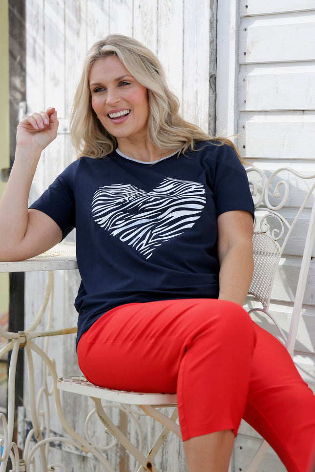 HEART PRINT TOP LUREX TRIM ROUND NECK