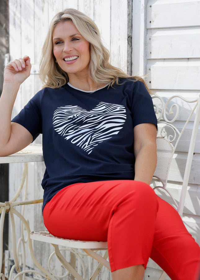 Top heart print lurex trim round neck
