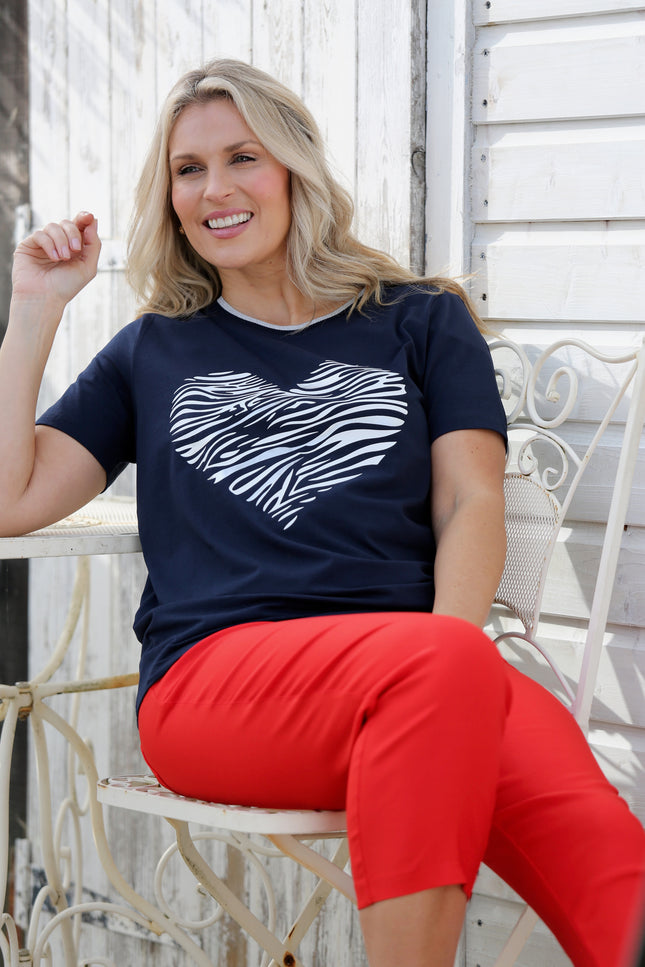 Top heart print lurex trim round neck