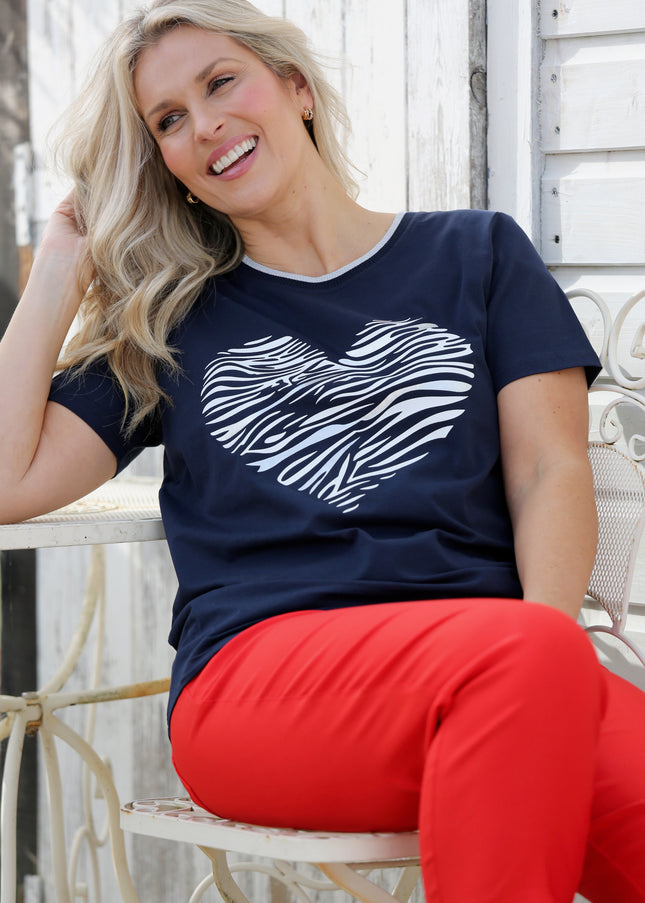 Top heart print lurex trim round neck