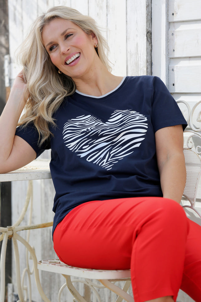 Top heart print lurex trim round neck