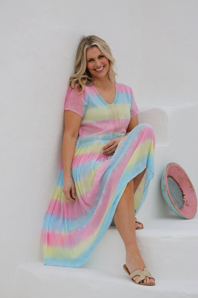 EMBROIDERY DRESS V NECK SHORT SLEEVE