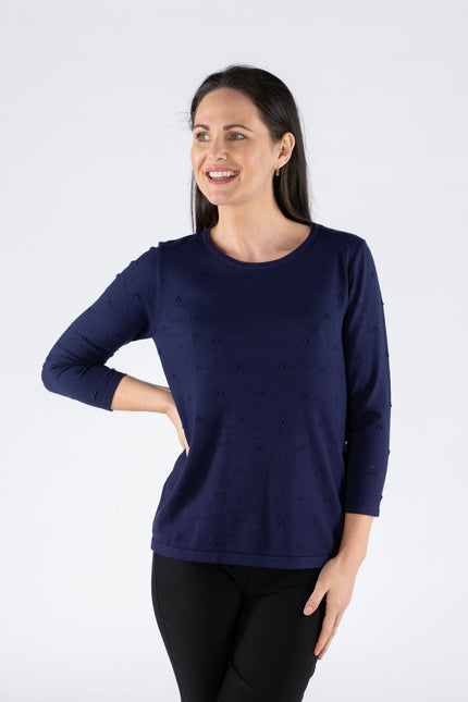 Jumper Navy textured spot with 3/4 sleeve