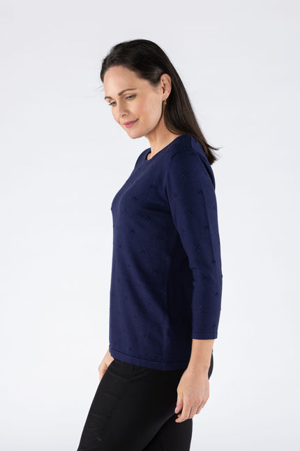 Jumper Navy textured spot with 3/4 sleeve