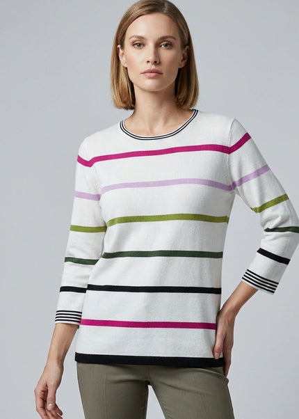 Jumper multi stripe contrast round neck 3/4 sleeve
