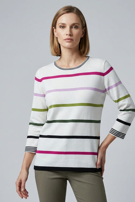 Jumper multi stripe contrast round neck 3/4 sleeve
