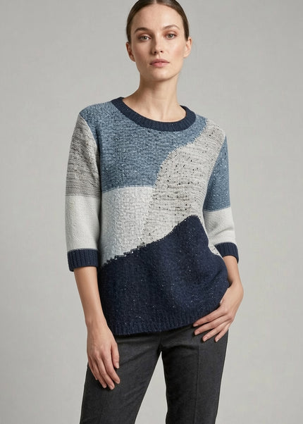 Jumper popcorn colour block round neck with 3/4 sleeve
