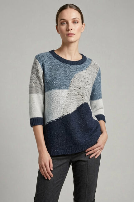 Jumper popcorn colour block round neck with 3/4 sleeve