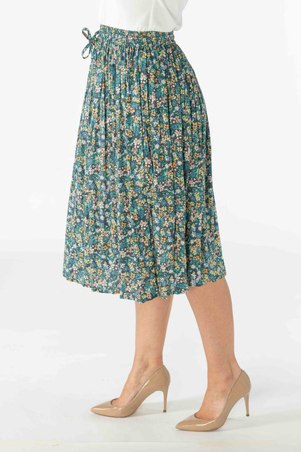 Skirt green floral multi ditsy crinkle with elasticated waist