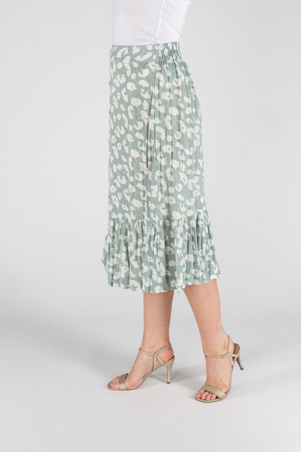 Skirt mint print front button crinkle bottom frill