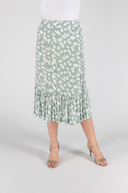 Skirt mint print front button crinkle bottom frill