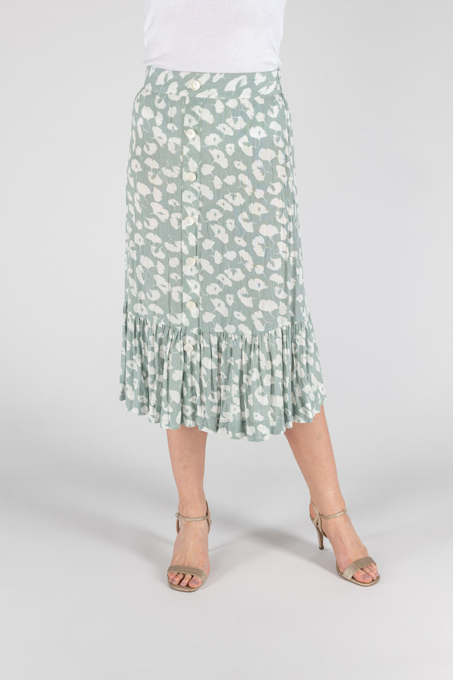 Skirt mint print front button crinkle bottom frill