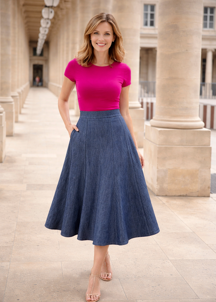 Skirt navy fleck fabric panelled elasticated
