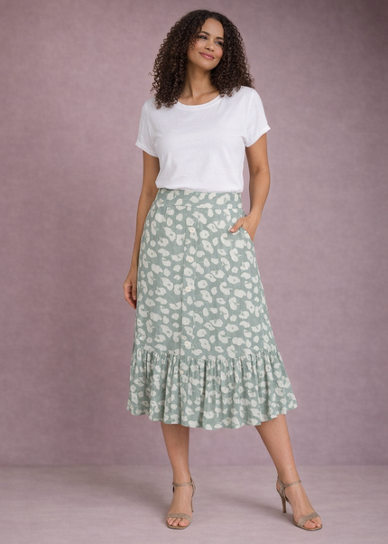 Skirt mint print front button crinkle bottom frill