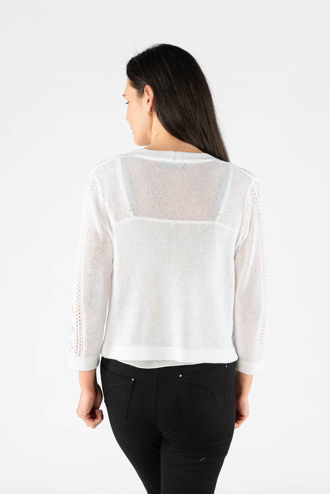 White edge to edge patterned shrug with 3/4 sleeve