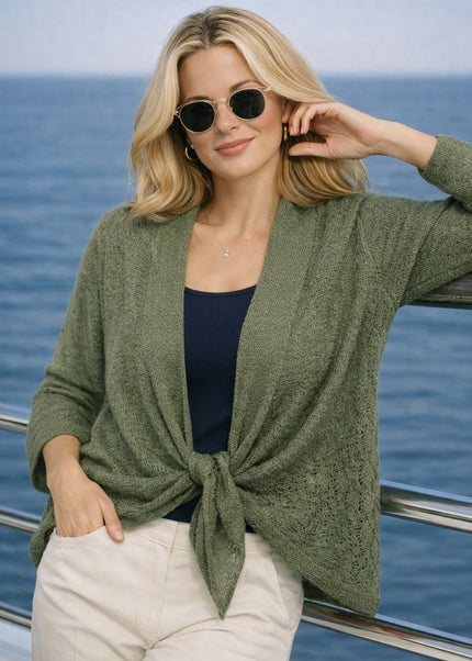 Shrug popcorn sage with lacy pattern 3/4 sleeve