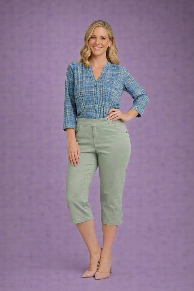 SAGE COLOR CROP 22 INCH STRETCH TROUSER ELASTIC WAIST