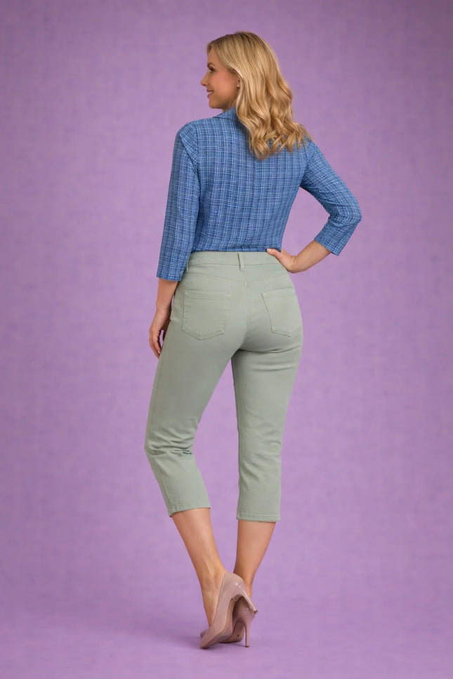SAGE COLOR CROP 22 INCH STRETCH TROUSER ELASTIC WAIST
