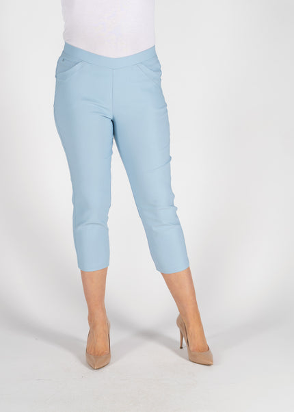 LIGHT BLUE CROP 22 INCH STRETCH TROUSER POCK DETAIL
