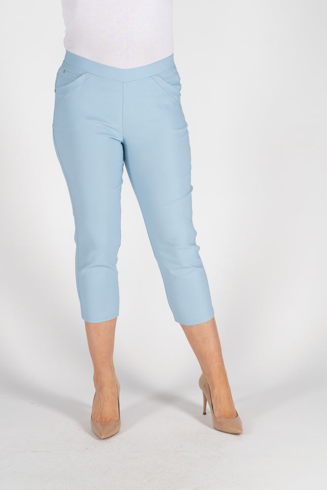LIGHT BLUE CROP 22 INCH STRETCH TROUSER POCK DETAIL