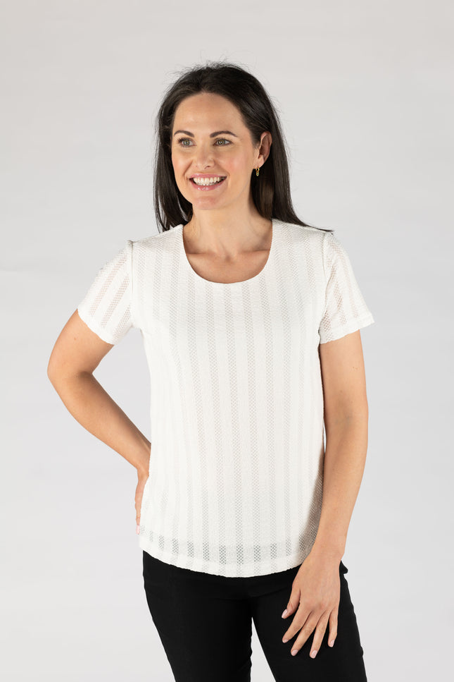 Top textured stripe top round neck short sleeve