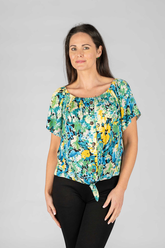 Top Flower Print Bardot With Front Tie
