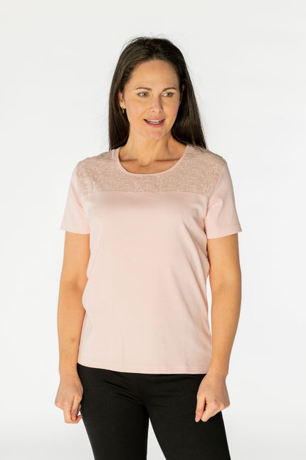 Top broiderie anglais panel with round neck