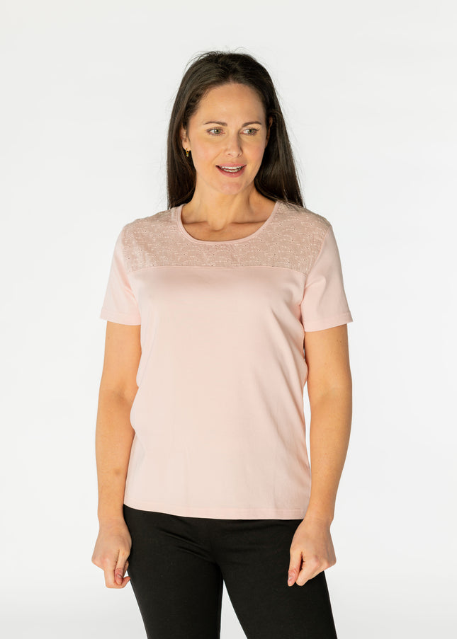 Top broiderie anglais panel with round neck
