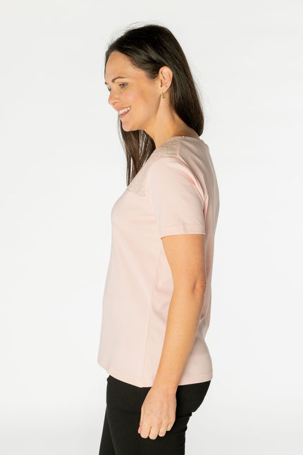 Top broiderie anglais panel with round neck