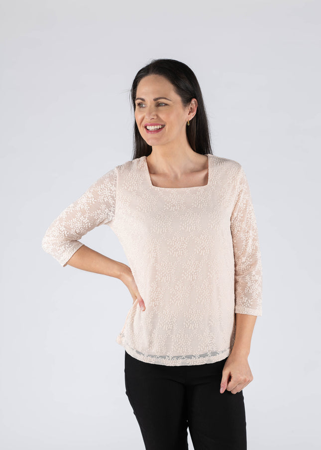 Top pink lace square neck with 3/4 sleeve.