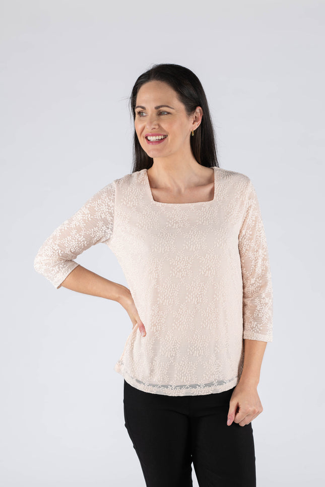 Top pink lace square neck with 3/4 sleeve.