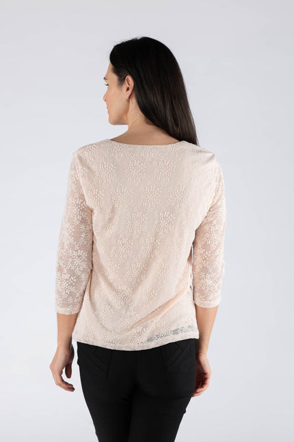 Top pink lace square neck with 3/4 sleeve.
