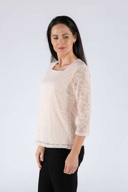 Top pink lace square neck with 3/4 sleeve.