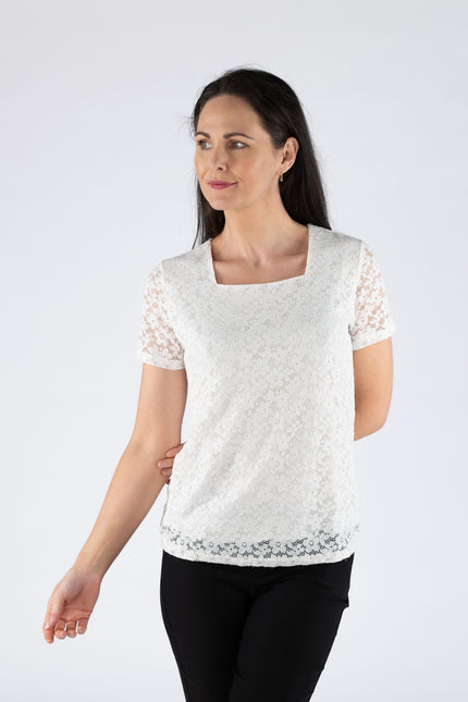 Top lace with square neck short sleeve.