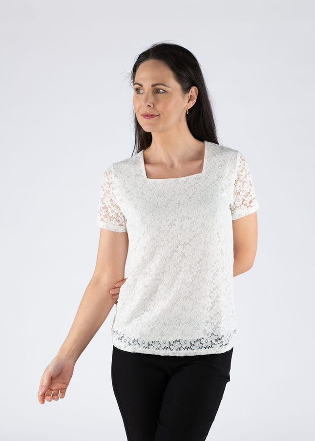 Top lace with square neck short sleeve.