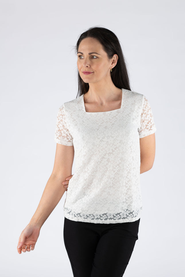 Top lace with square neck short sleeve.