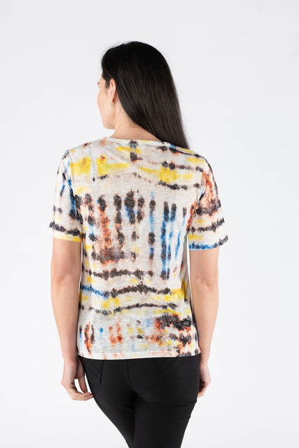 Top abstract print with lace panel.