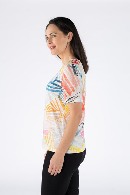Top abstract print with split v neck short sleeve