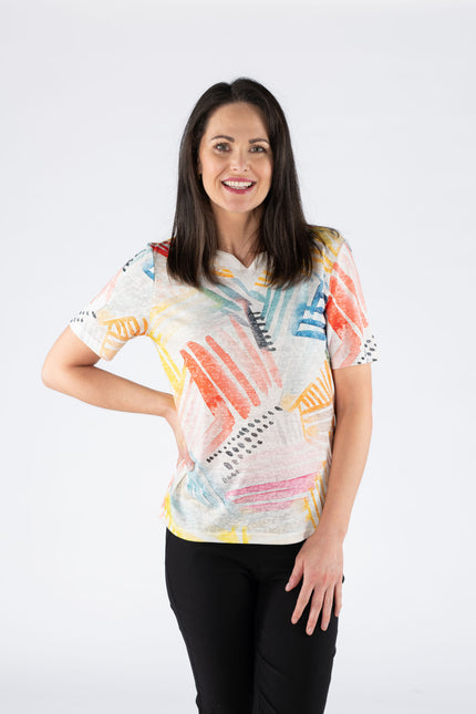 Top abstract print with split v neck short sleeve