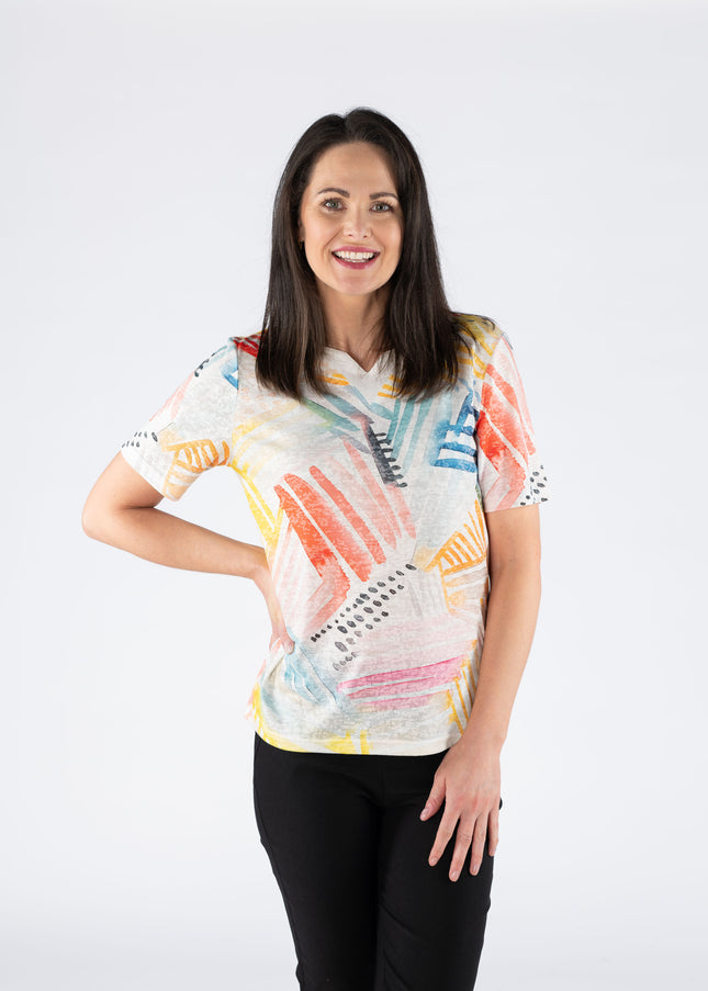 Top abstract print with split v neck short sleeve