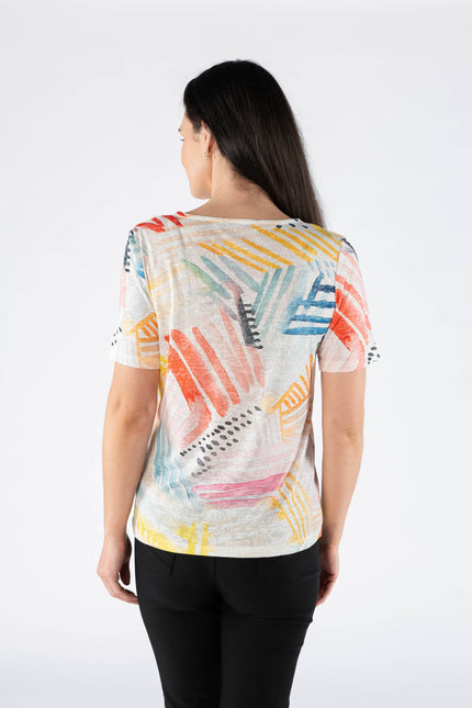 Top abstract print with split v neck short sleeve
