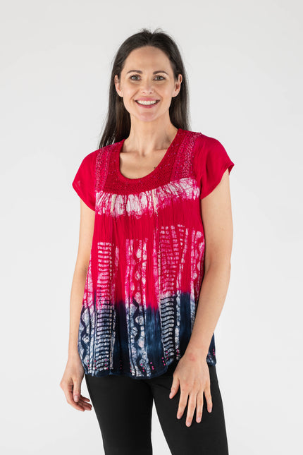 Top Tie Dye Short Sleeve Check Panels