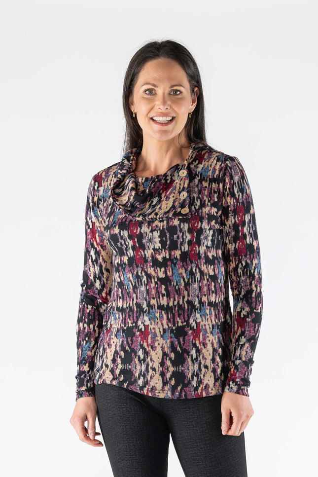 Top abstract print cowl neck with long sleeve