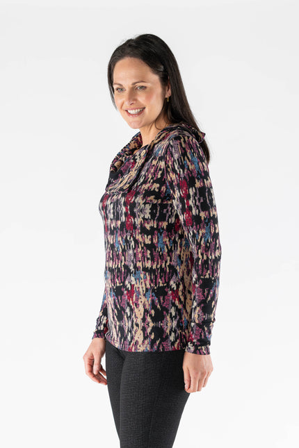 Top abstract print cowl neck with long sleeve