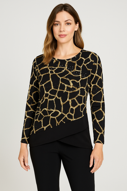 Top animal print round neck contrast hem