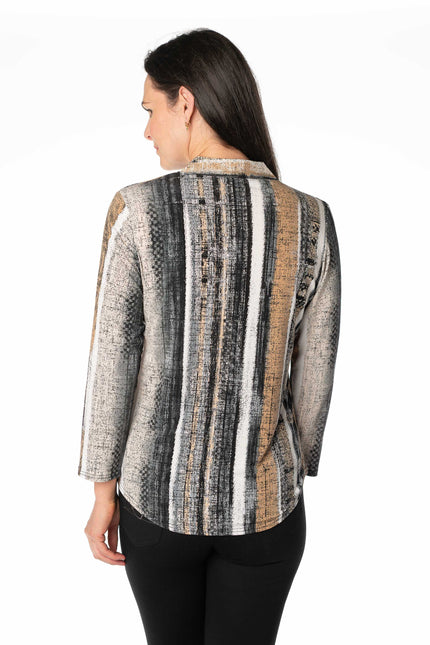 Top strip print with button placket and 3/4 sleeve
